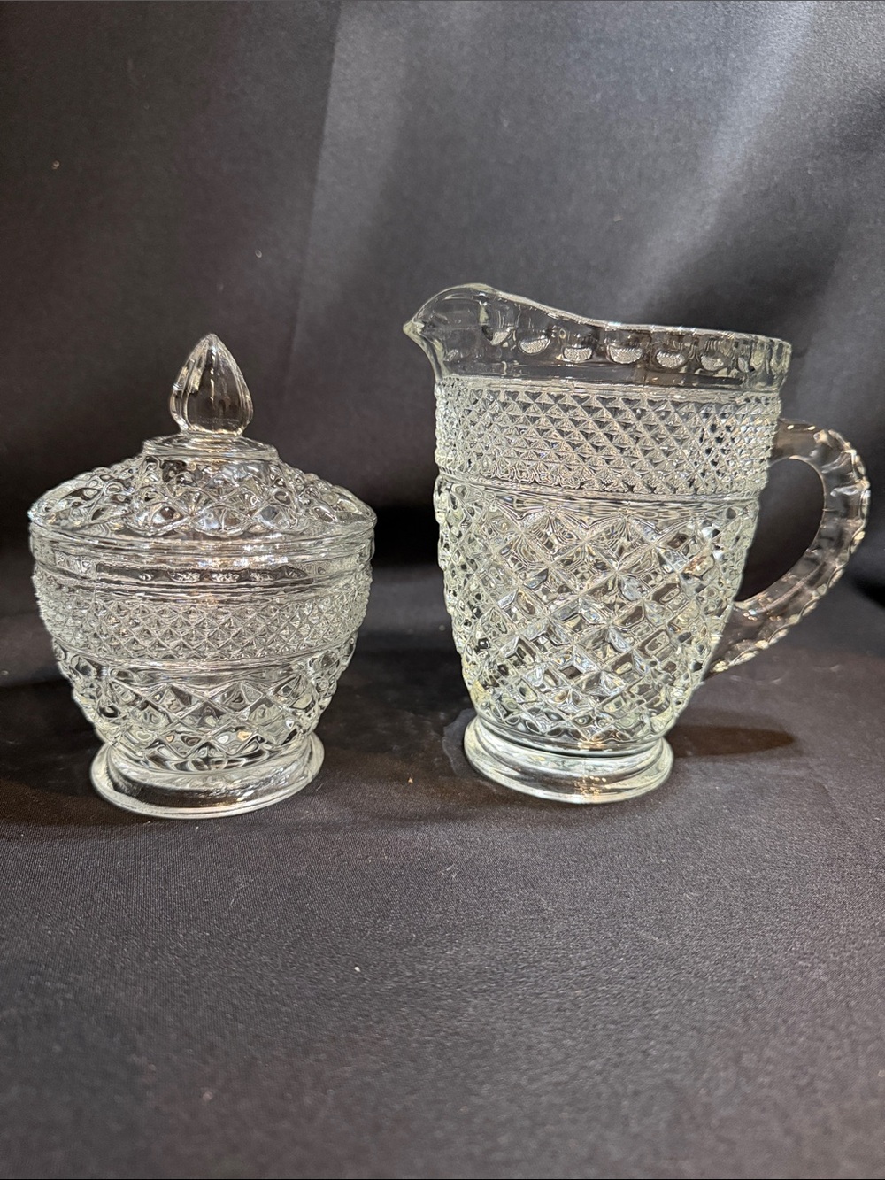VINTAGE ANCHOR HOCKING WEXFORD CREAMER  & SUGAR BOWL SET AMERICAN PRESSED GLASS